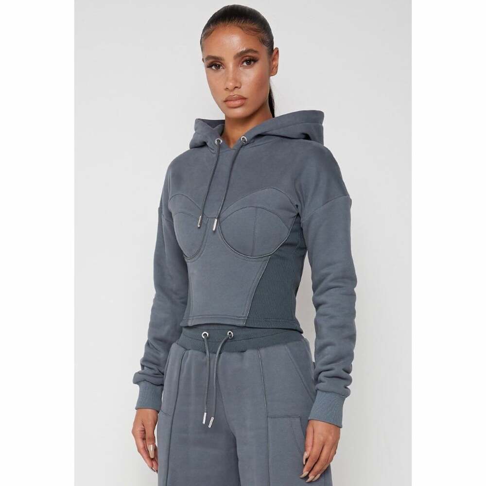 Maniere De Voir Corset Cropped Hoodie Size 10 Grey Pullover Sweatshirt